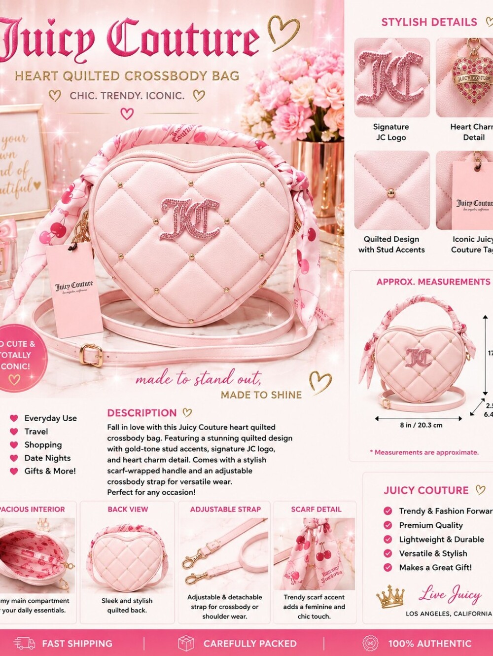 JUICY COUTURE Pink Heart-Quilted Crossbody with Gold Accents